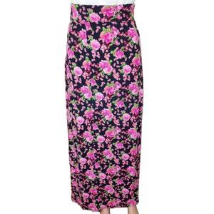 NO BOUNDARIES BLACK PINK FLORAL MAXI SKIRT ROLL OVER WAISTBAND SIZE S NWT